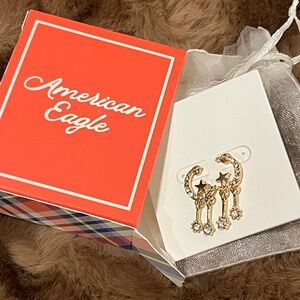 American Eagle Pearl 1” Earrings Post Gold Tone Celestial Moon Stars Crystals